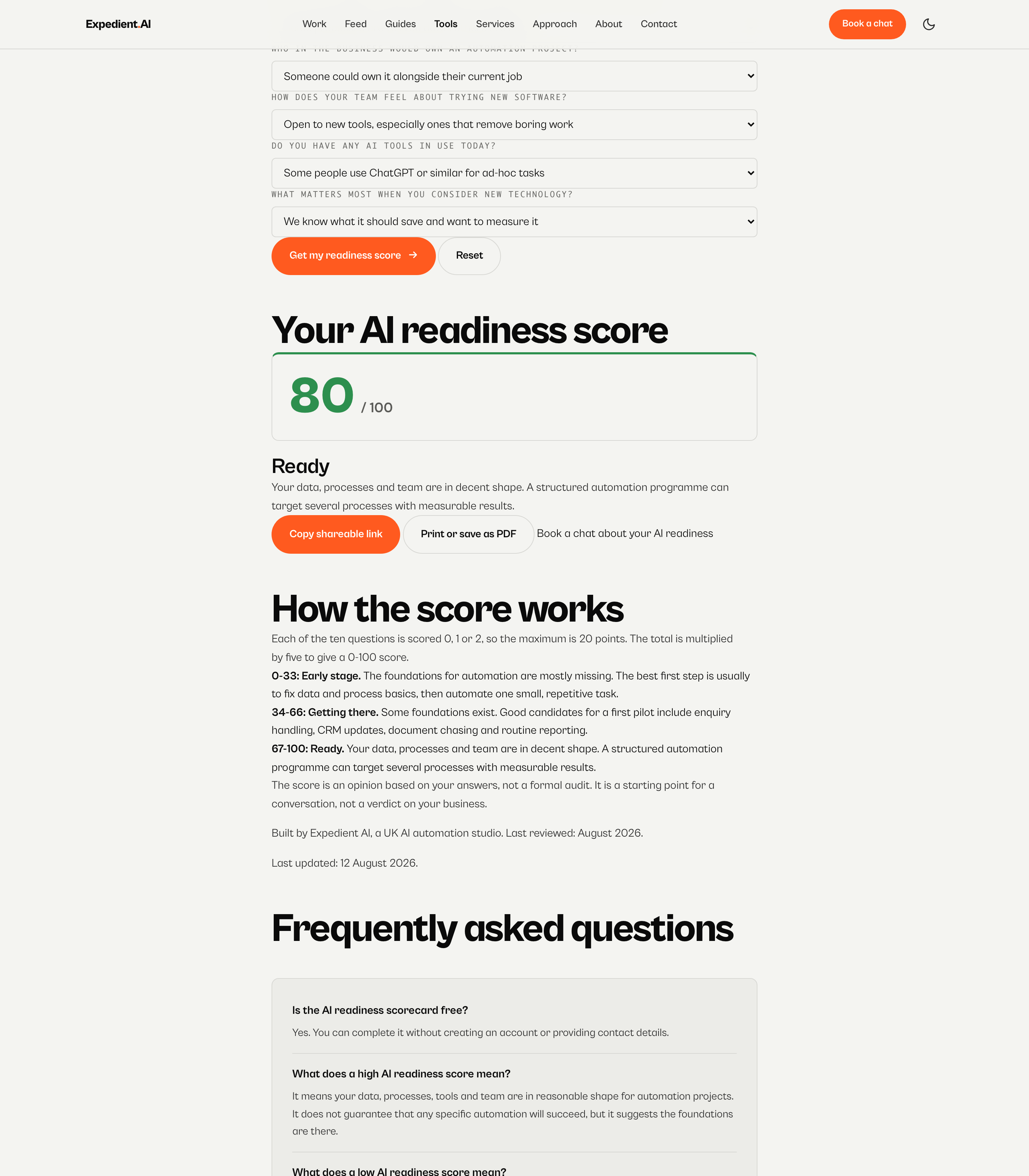 AI Readiness Scorecard - ten questions about data, processes, tools and skills, with a large 0-100 readiness score result