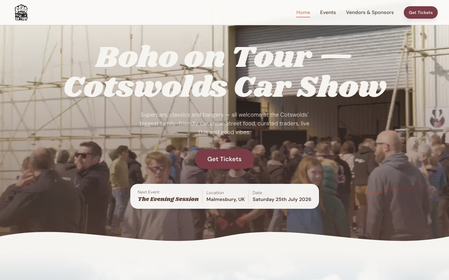 Boho on Tour Cotswolds Car Show website, hero section showing event title over a coffee van photo, ticket CTA, and the upcoming event date