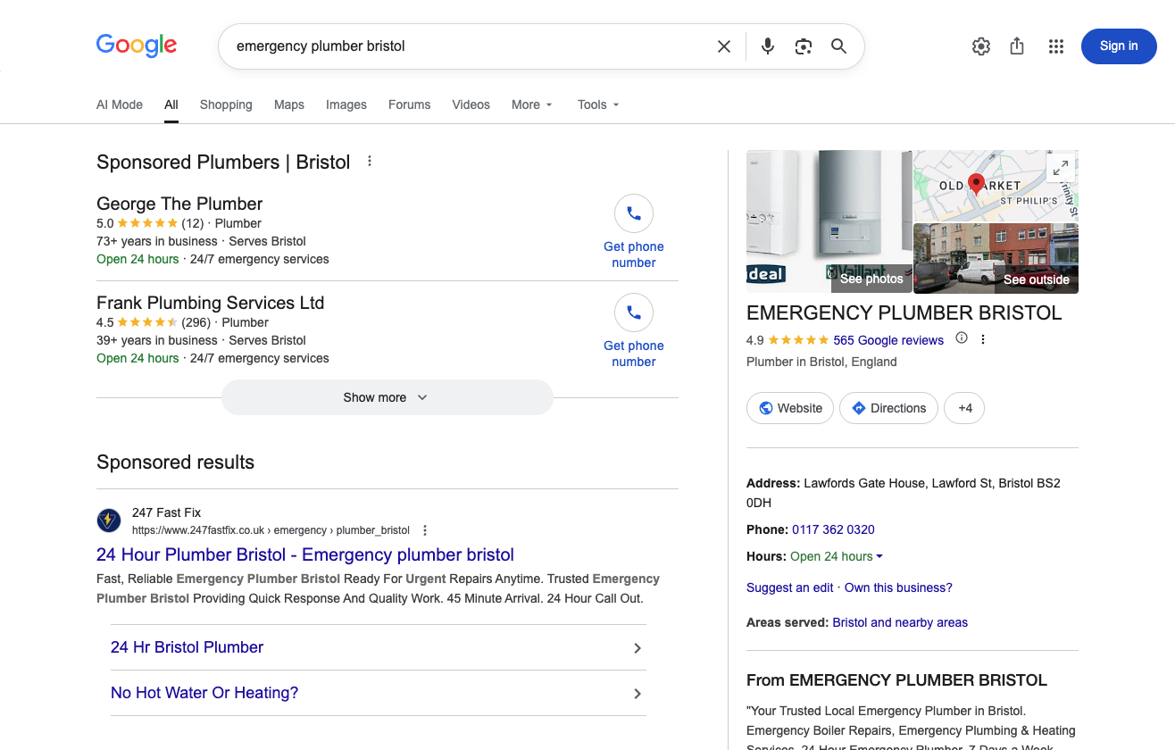 Screenshot of a Google search result for 'emergency plumber bristol' showing the local Map Pack at the top of the page with three plumbing businesses, their ratings, review counts, opening hours, addresses, and Google reviews widget.