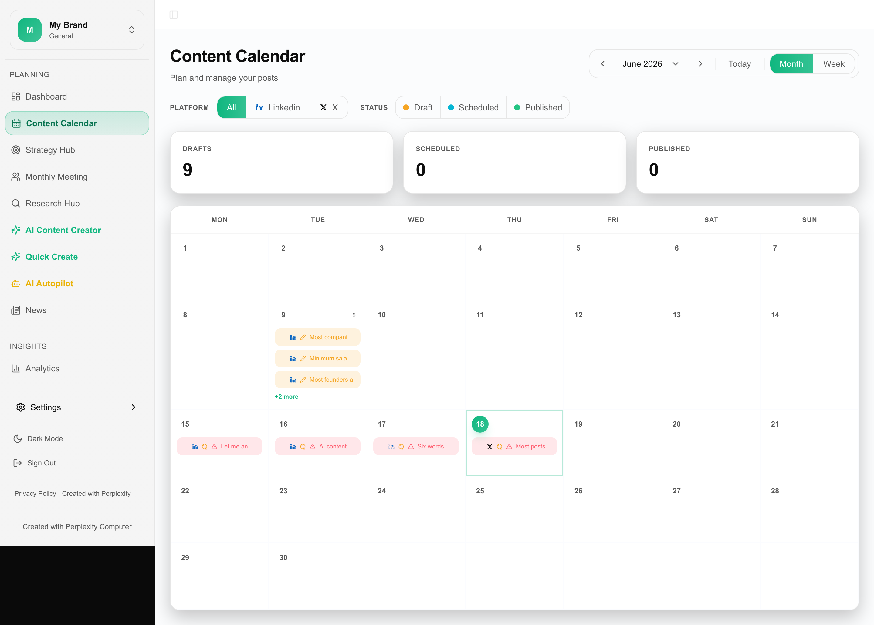 S0cial Master calendar view of scheduled posts