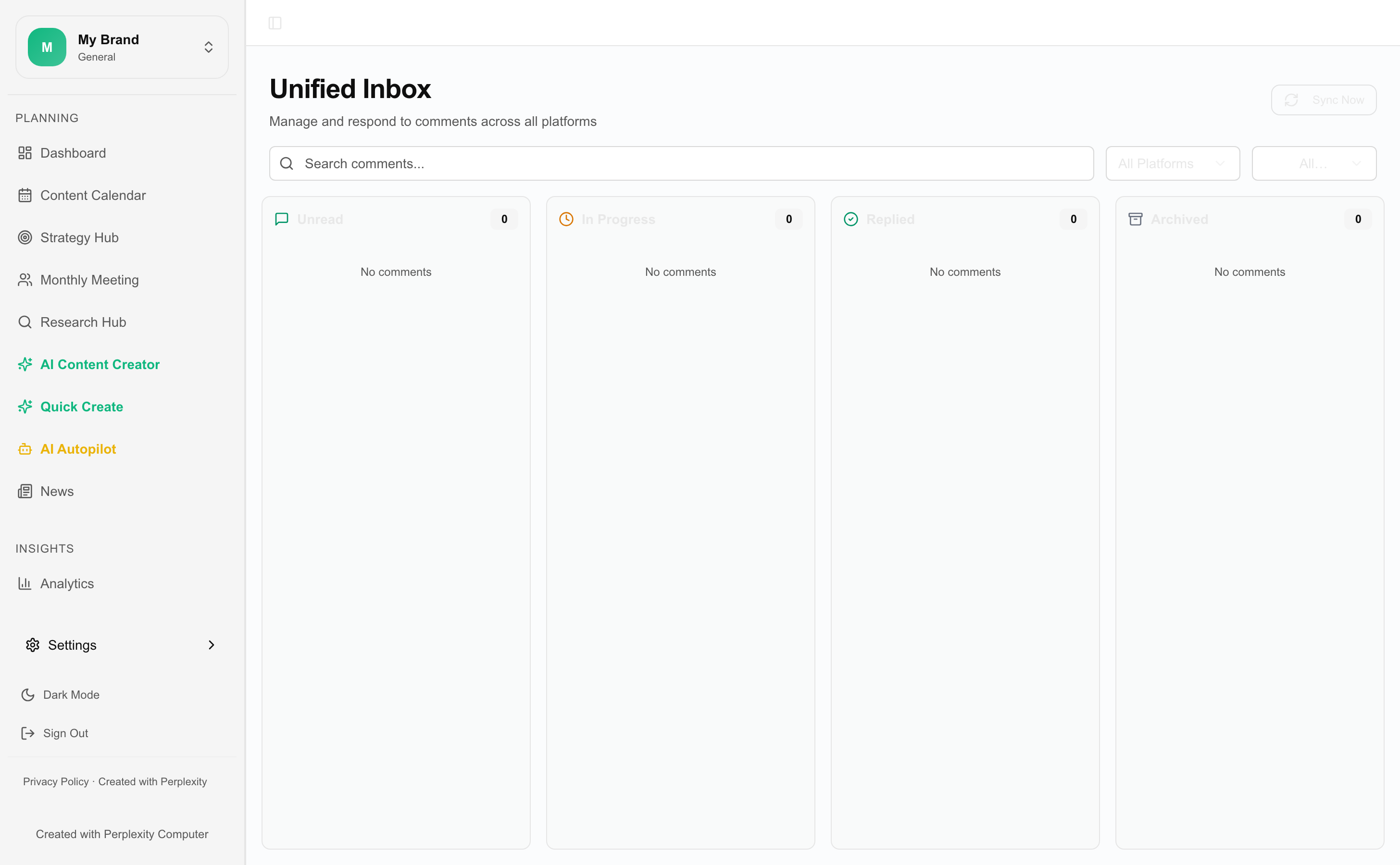 S0cial Master inbox view with message threads, sentiment flags, and quick-reply actions for each brand.