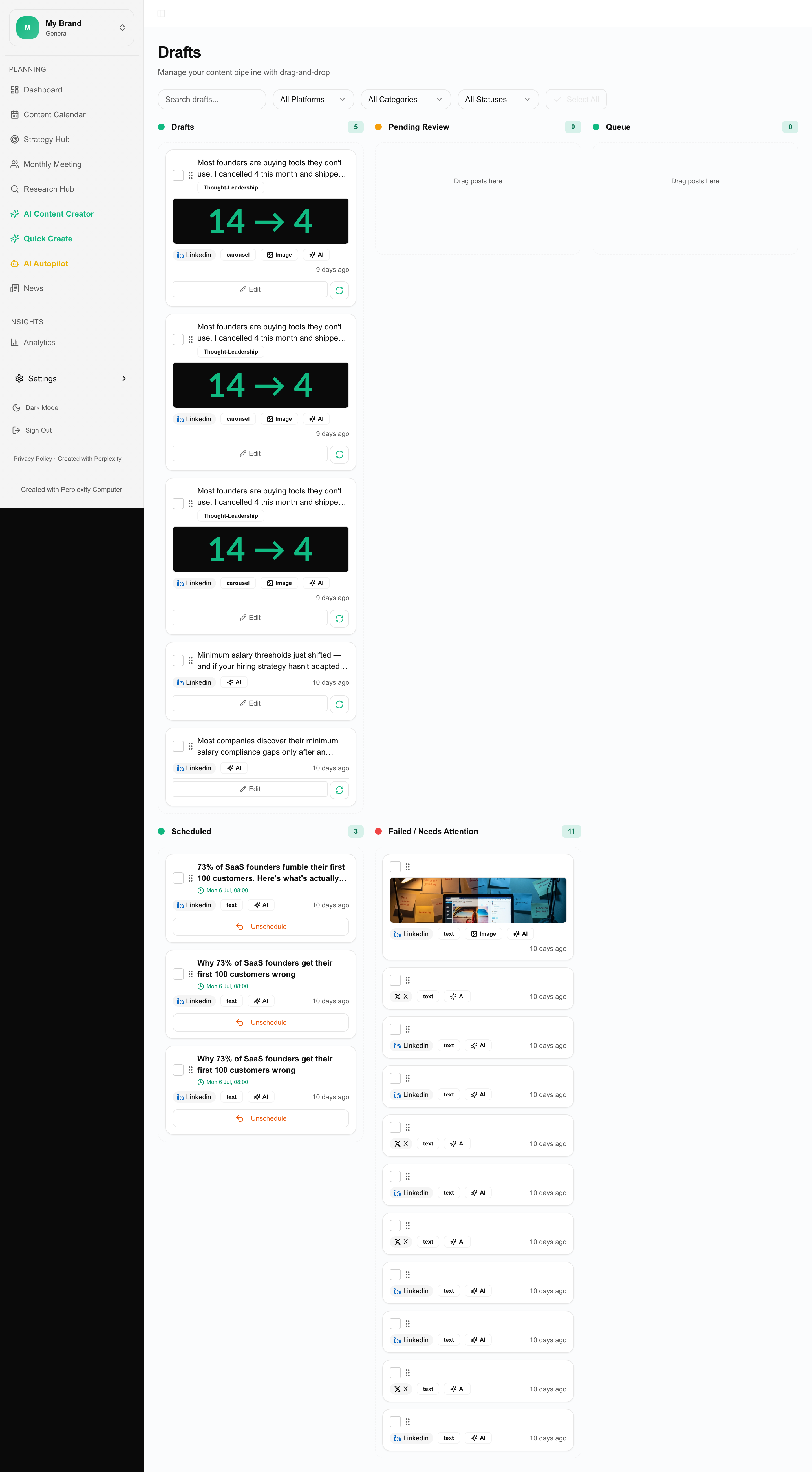 S0cial Master Studio interface showing post kanban