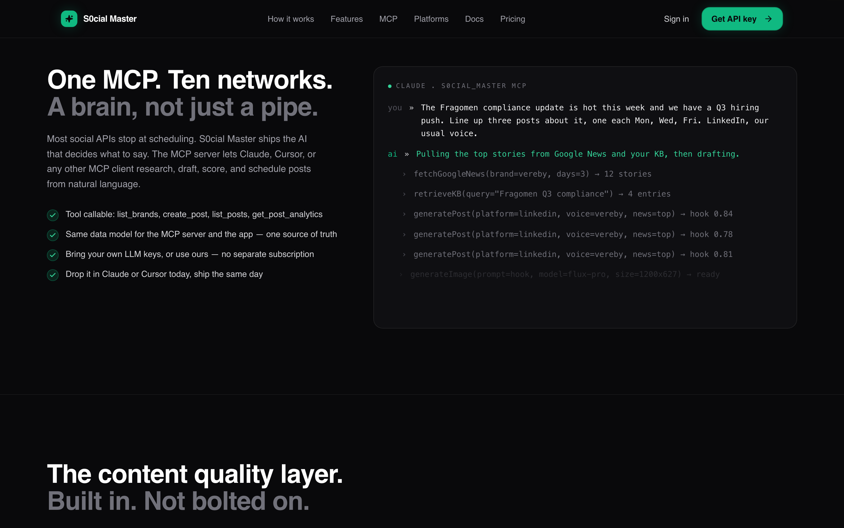 S0cial Master MCP integration showing tool list