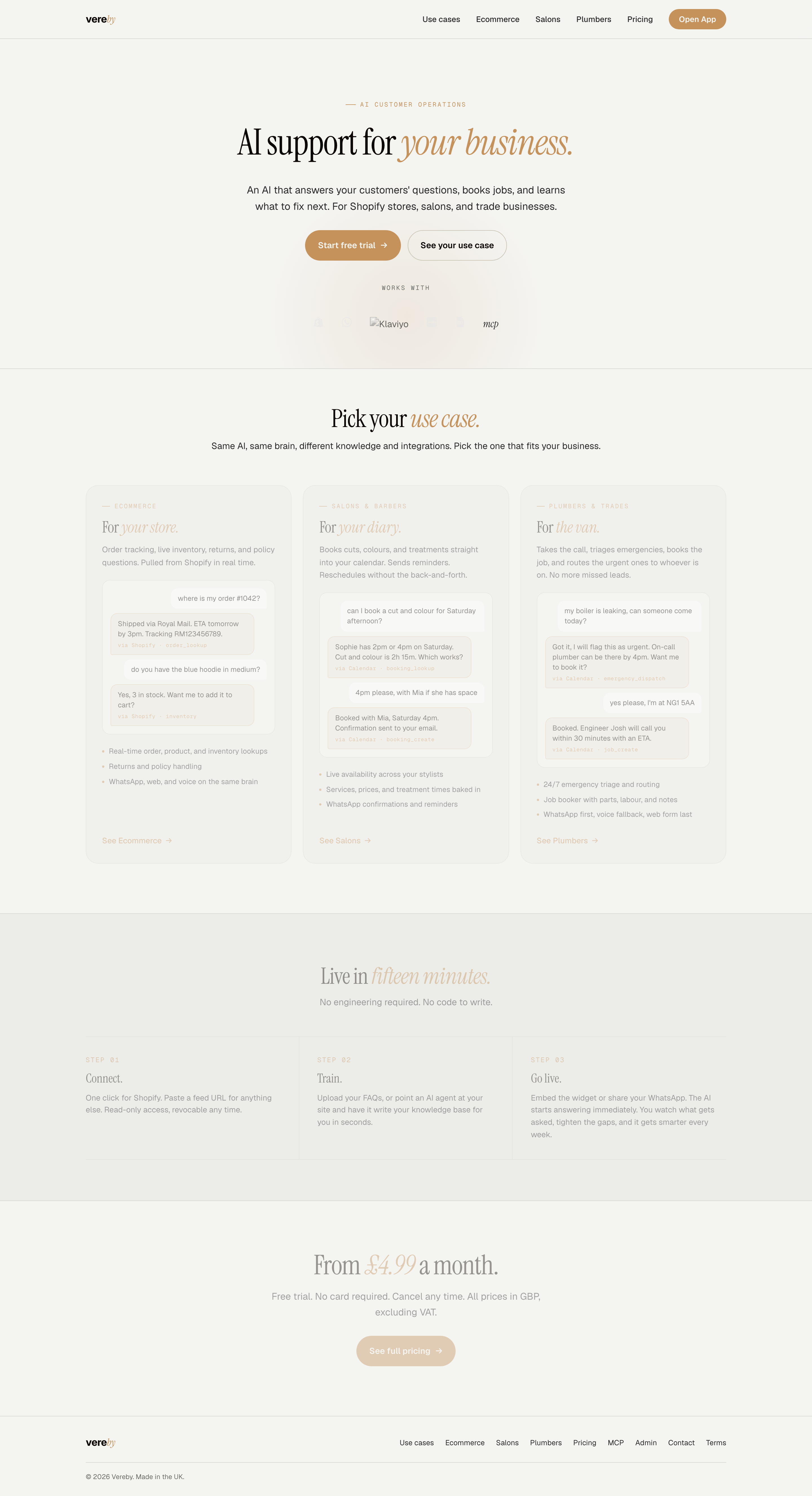 Vereby home page with hero, integrations row, and three use case cards