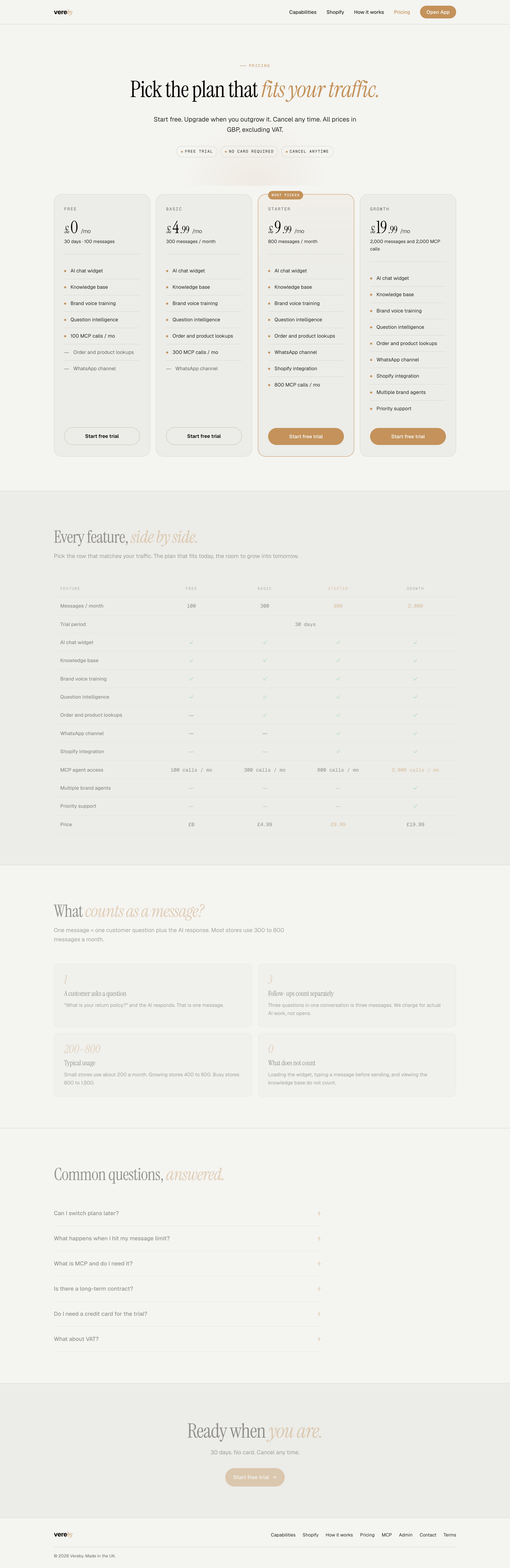 Vereby pricing page with four tiers