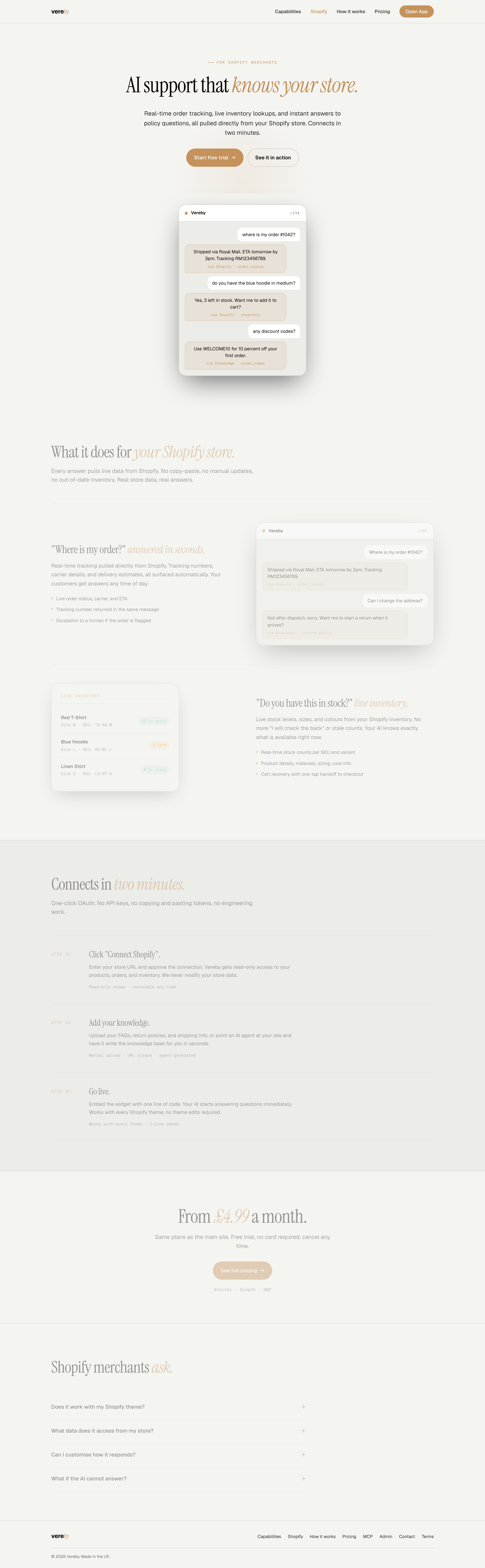 Vereby ecommerce use case showing real Shopify conversation