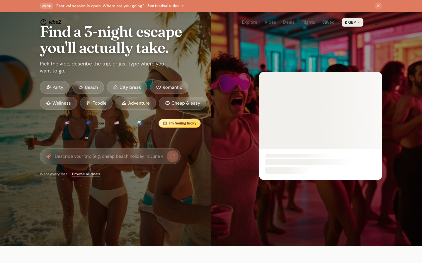 Vibe2 home page top with hero, vibe chips, trip describer