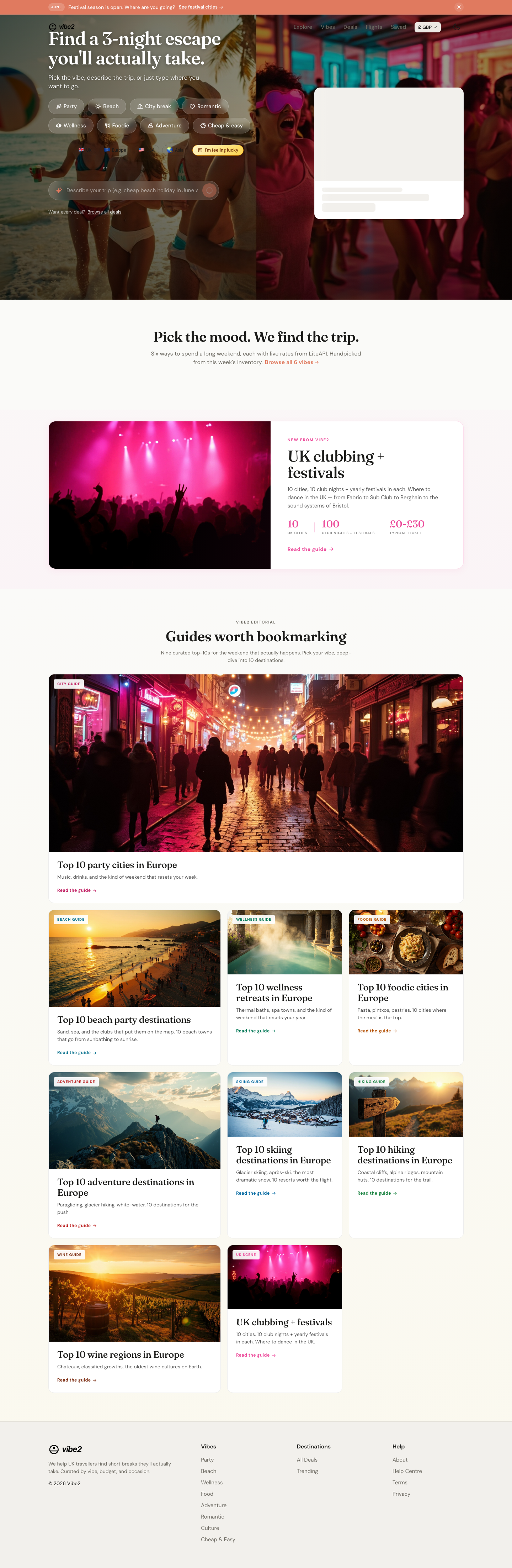 Vibe2 home page with hero, mood picker, editorial guides grid