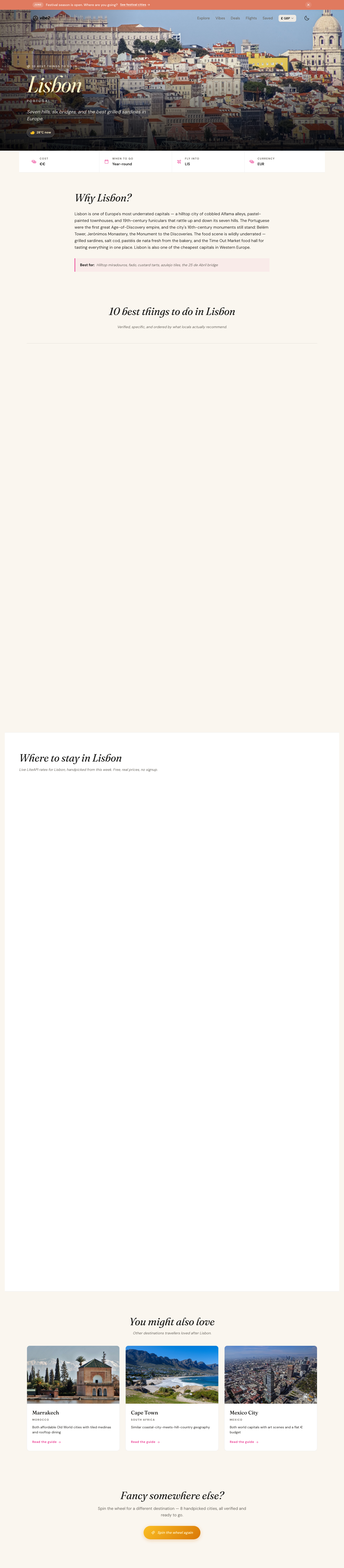 Vibe2 wheel-of-destinations landing page for Lisbon