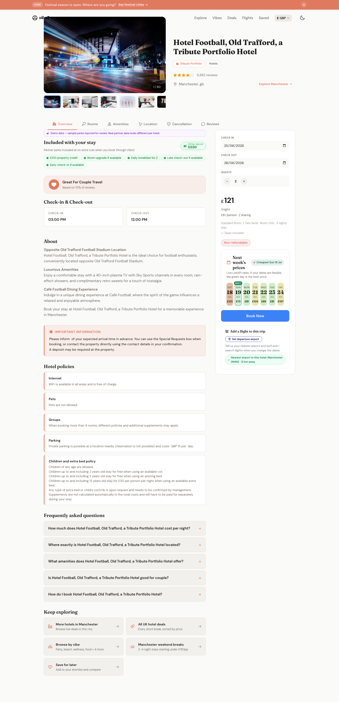 Vibe2 hotel detail page with gallery, live rates, add-a-flight section