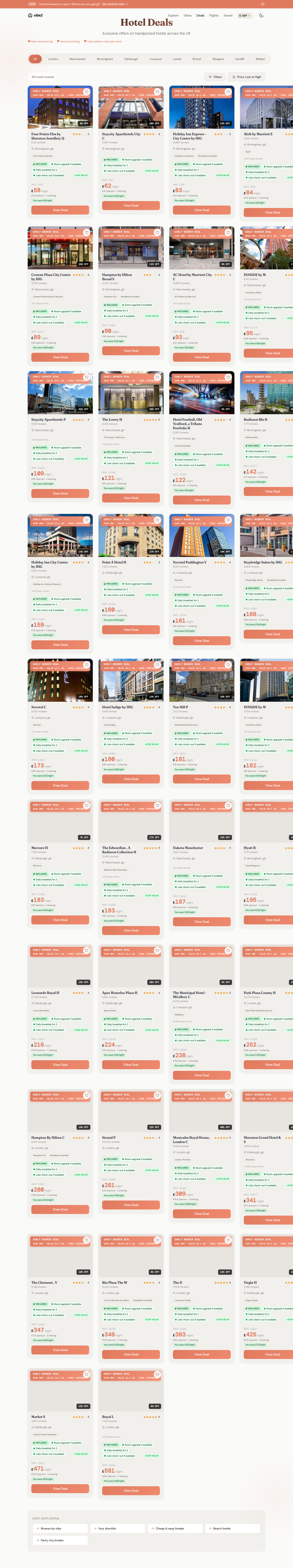 Vibe2 deals page with 39 hotel cards and real cross-hotel rates
