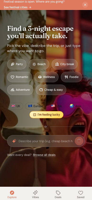 Vibe2 mobile home page showing mood picker, vibe chips, and editorial trip cards stacked for thumb scrolling.