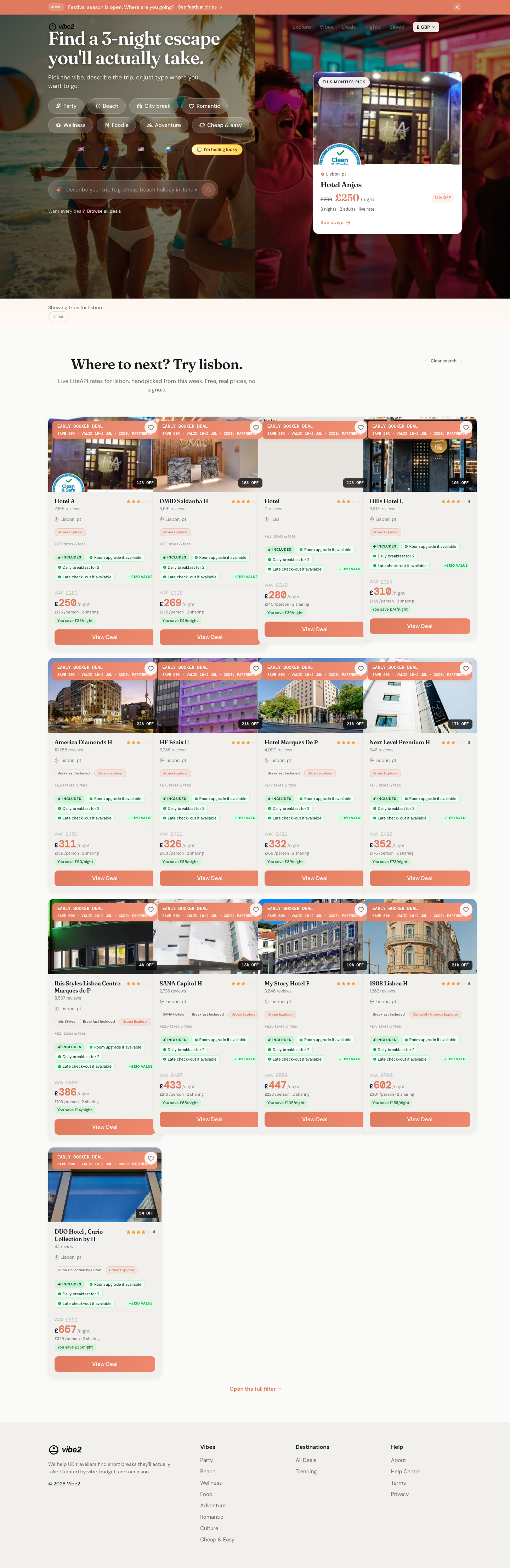 Vibe2 home rendered as a clean results page for Lisbon