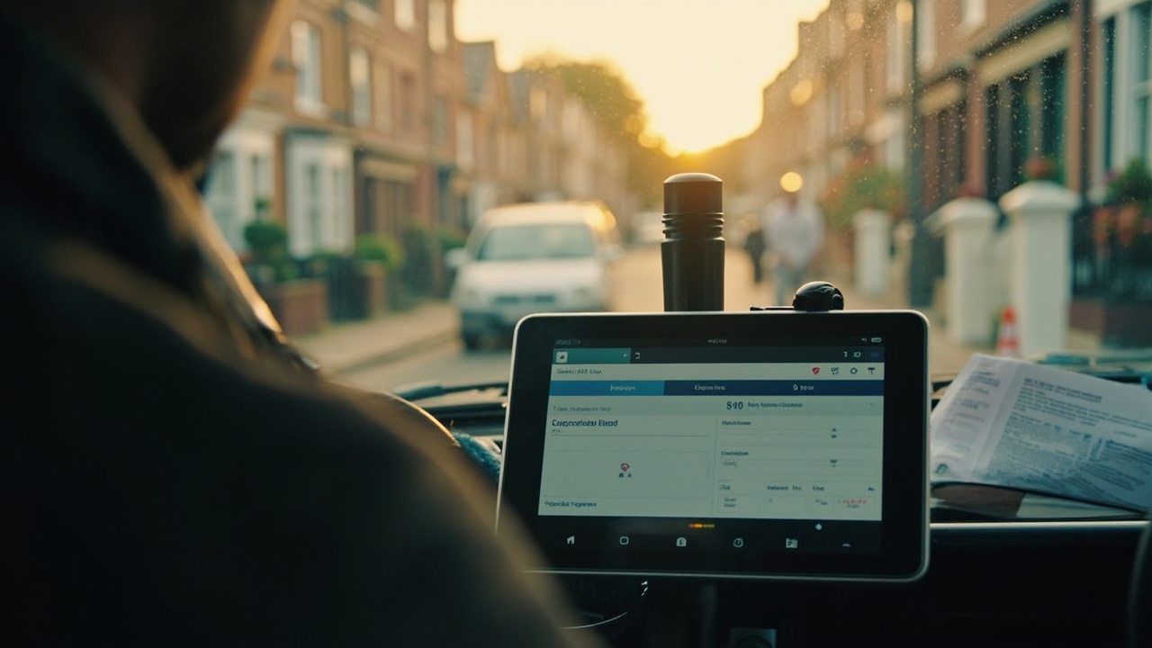 A tradesperson's van dashboard with a phone showing an AI-handled call summary and a tablet beside it showing the day's jobs.