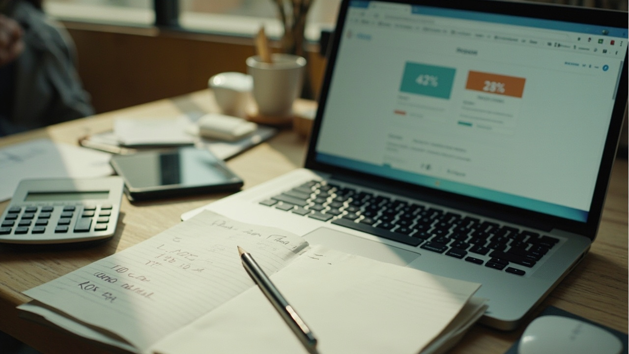 A UK business owner's desk with a calculator, handwritten ROI notes and a laptop showing a simple estimate form