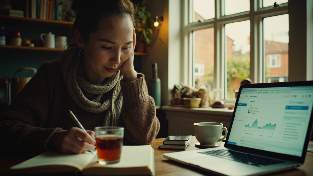 A laptop on a wooden kitchen table with a notepad and a coffee mug, photographed from above in soft morning light.