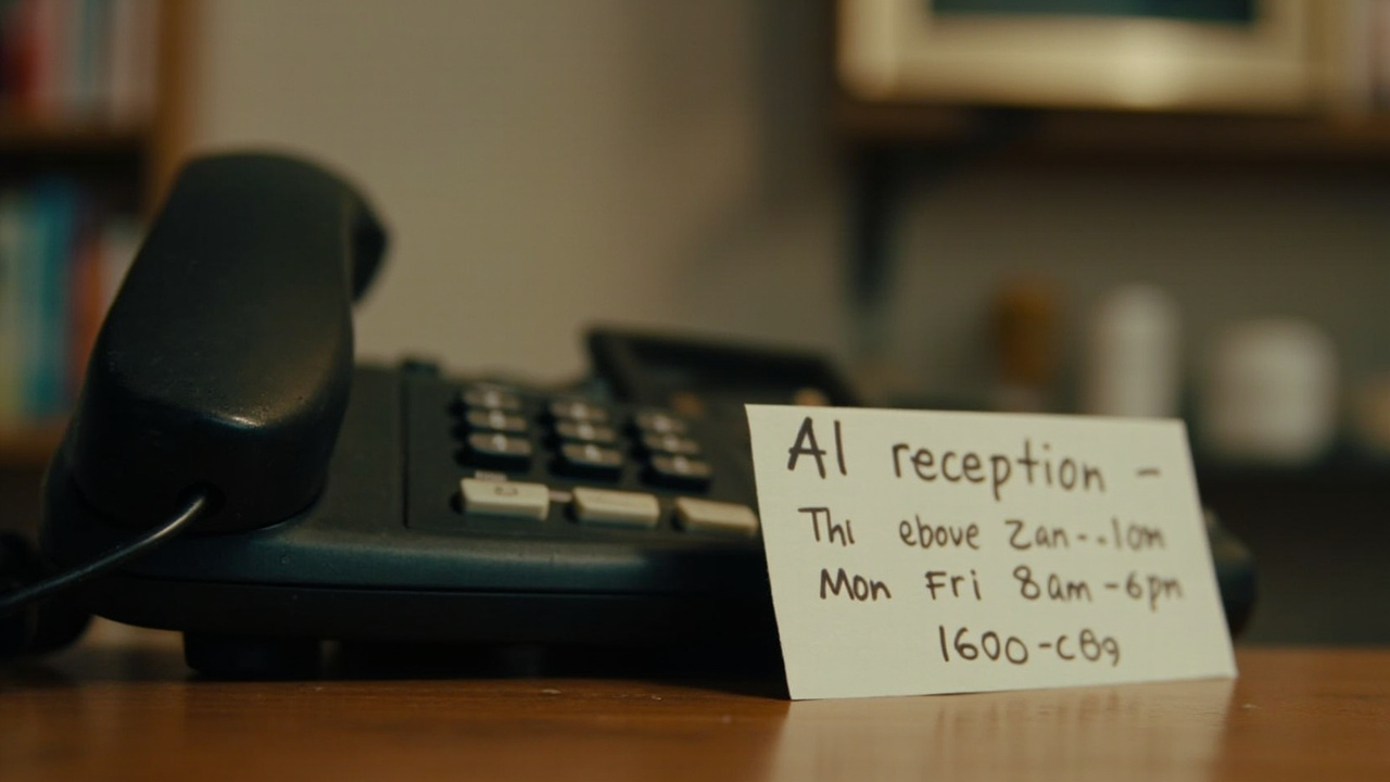 A close-up of a phone on a salon reception desk with the screen showing an incoming call and a calendar in the background.