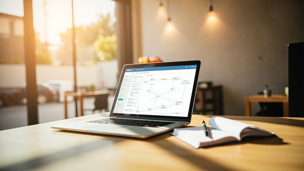 A close-up of a laptop on a small-business reception desk with an automation flowchart sketched on a notebook beside it.