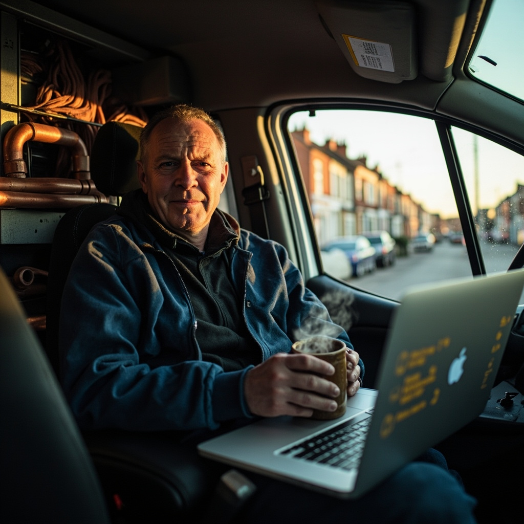 A plumber sits in his van on a Sheffield street at golden hour, with his phone on a draft reply and his mug of tea on the dashboard.
