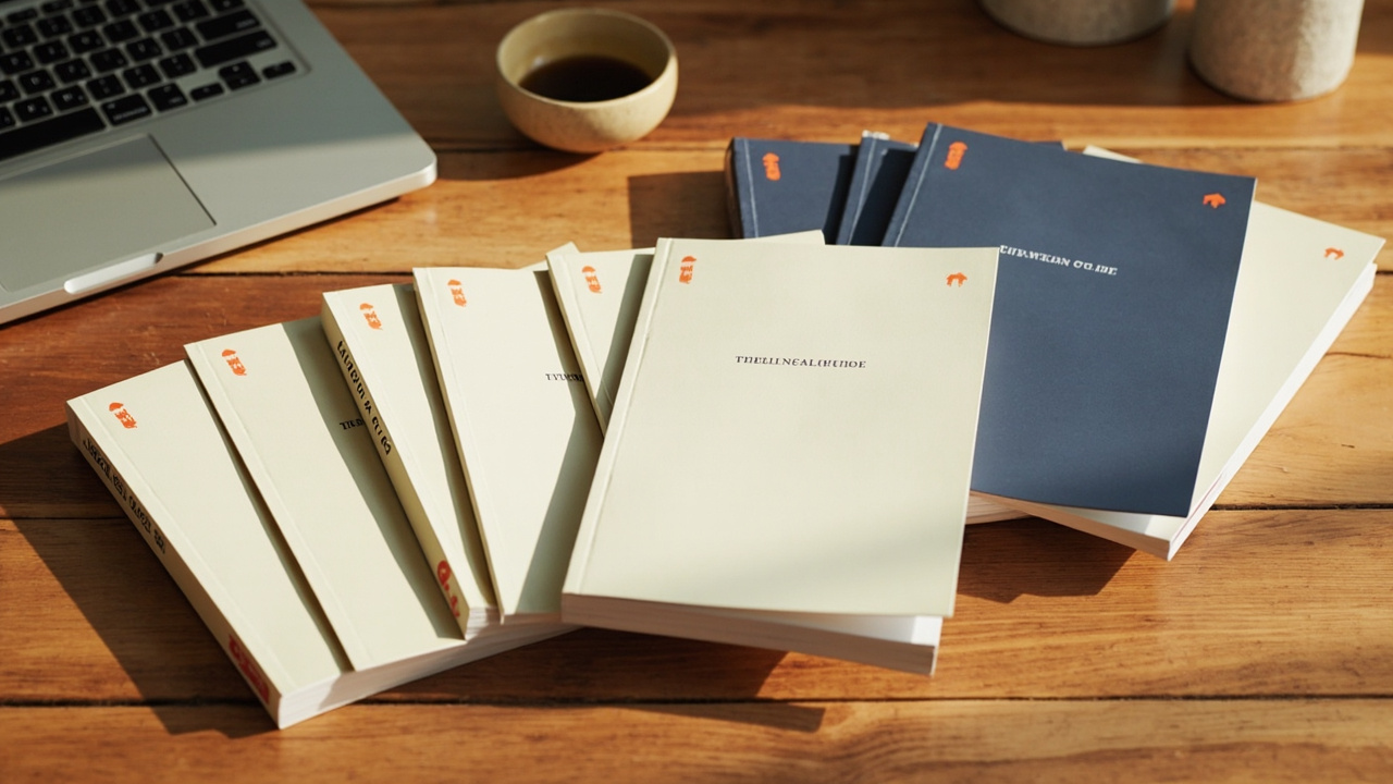 Seven printed field guides fanned out on a wooden desk next to a laptop, photographed from above in soft daylight.