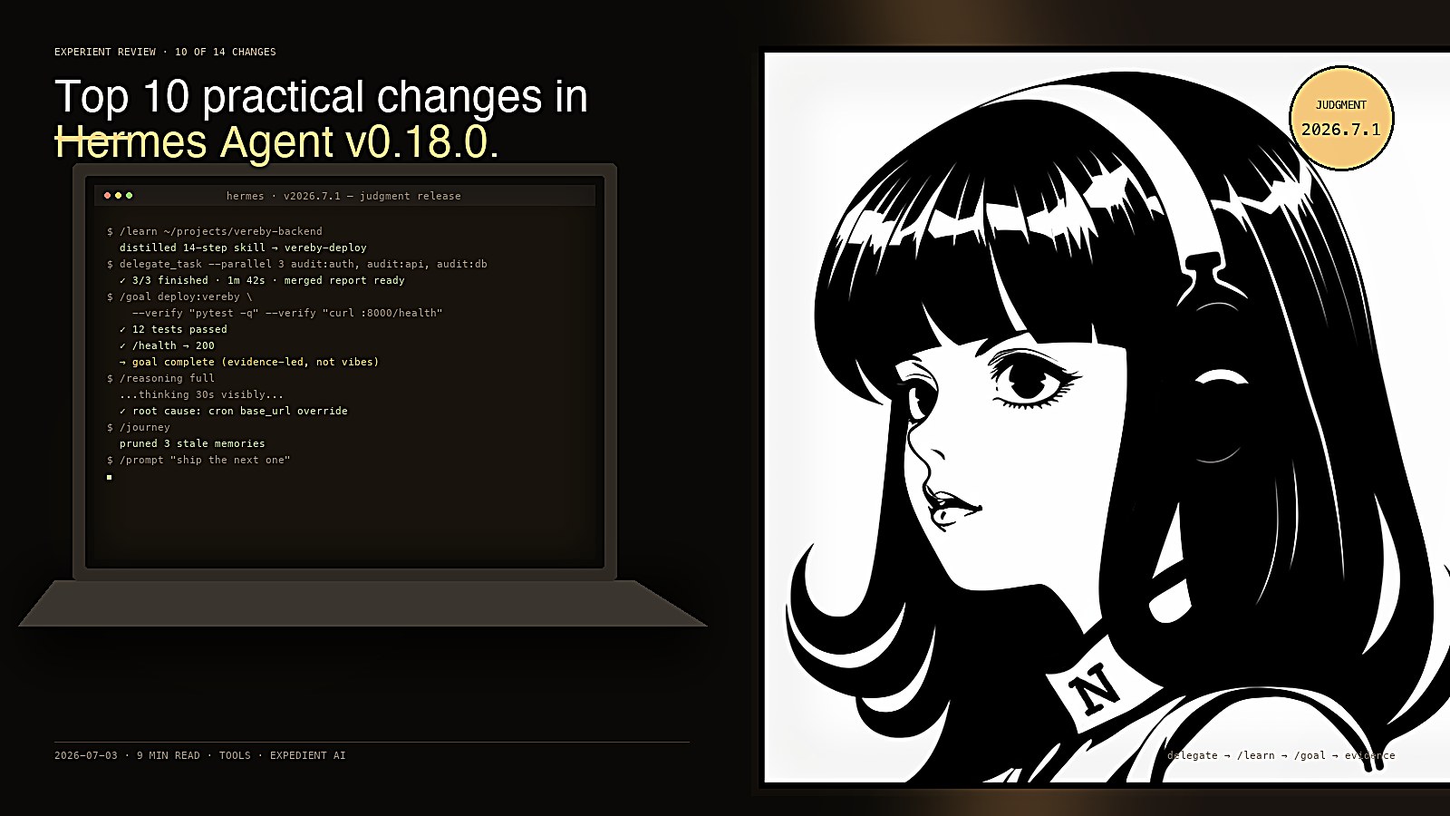 A terminal window showing the Hermes Agent v0.18.0 release banner with the anime mascot centered on the right, against a dark editorial background.