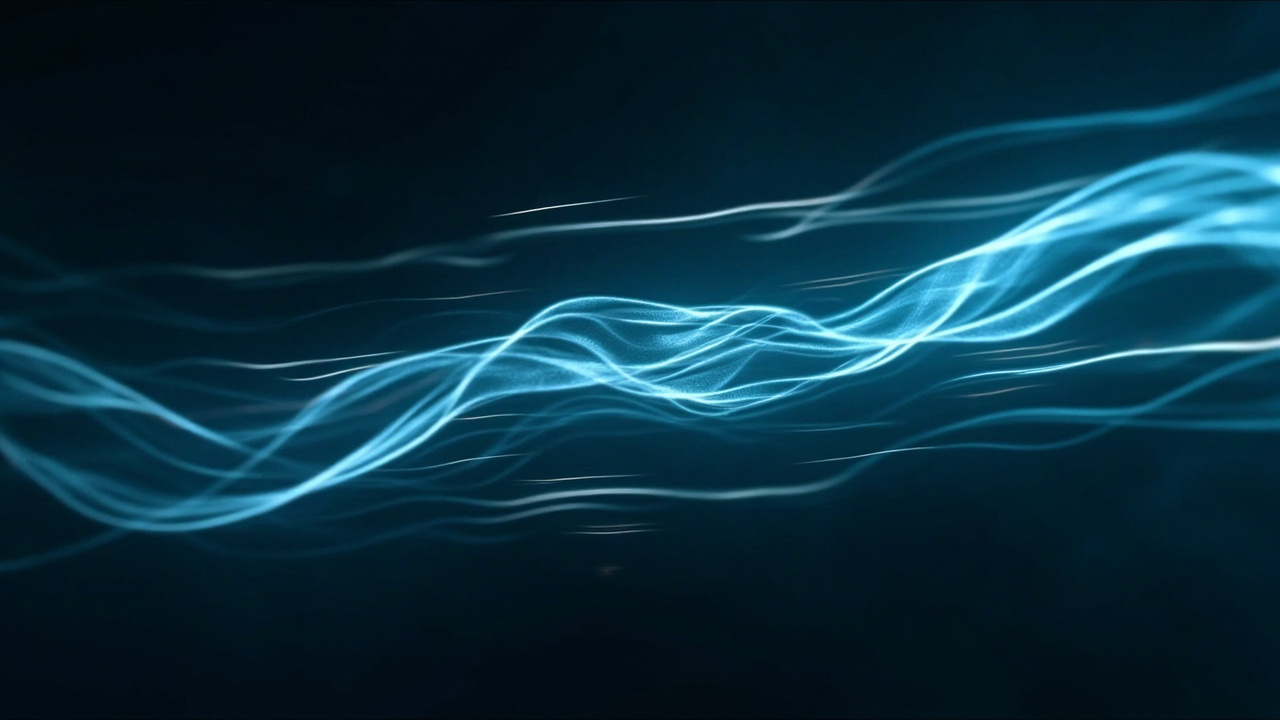 A quicksilver-mercury liquid-metal light stream snaking across a dark slate background, with concentric speed rings and pale cyan motion trails. Editorial, abstract, technical mood.