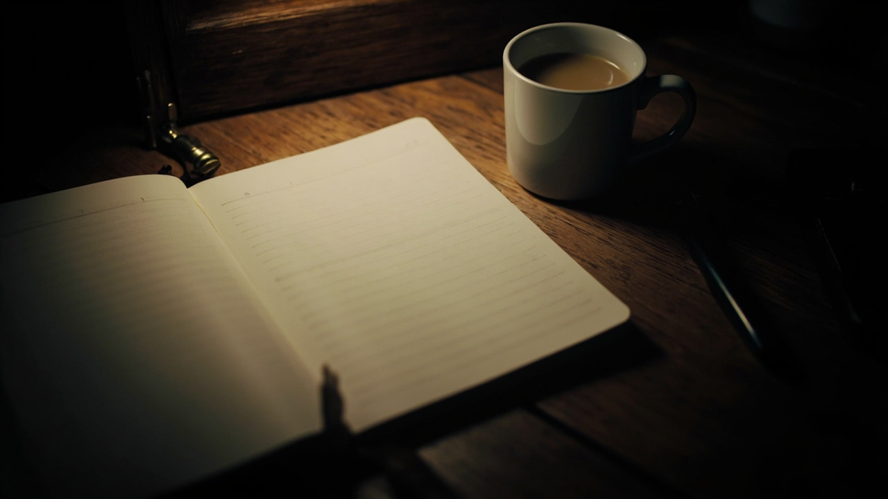 Editorial dark-mode hero: open notebook on a warm wooden desk with cream pages, fountain pen and a white mug of pale tea, lit by soft amber lamplight