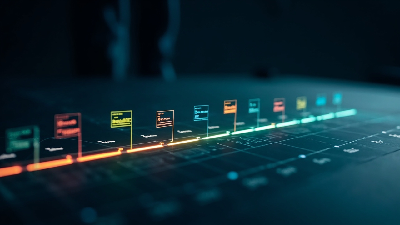 A glowing orange-and-teal timeline running across a dark slate desk, with translucent release cards suspended above it. Cinematic shallow depth of field, moody editorial.