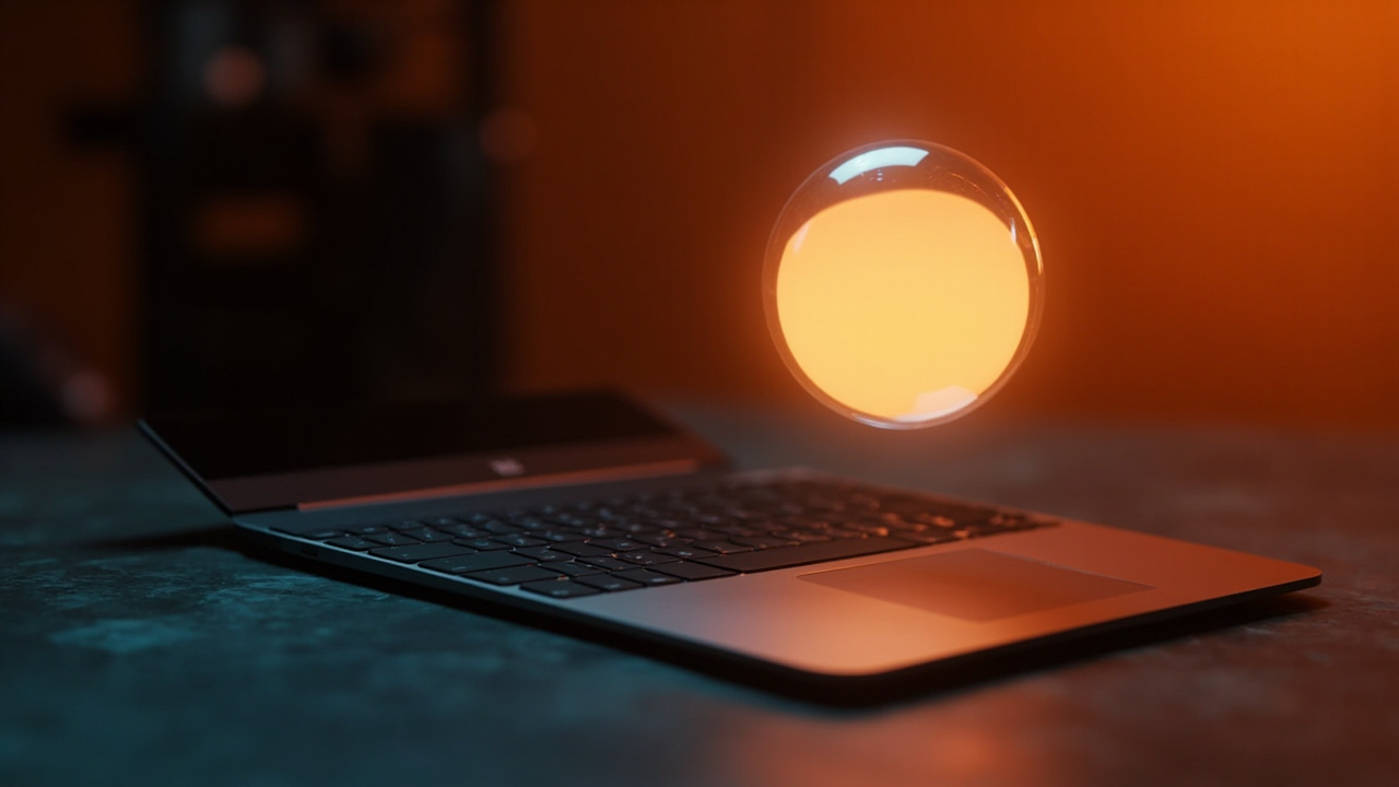 A cinematic editorial shot of a soft-glowing laptop on a dark slate desk, with a translucent glowing balloon-like model sphere floating above the keyboard in warm orange and teal light. Shallow depth of field, moody, minimal.
