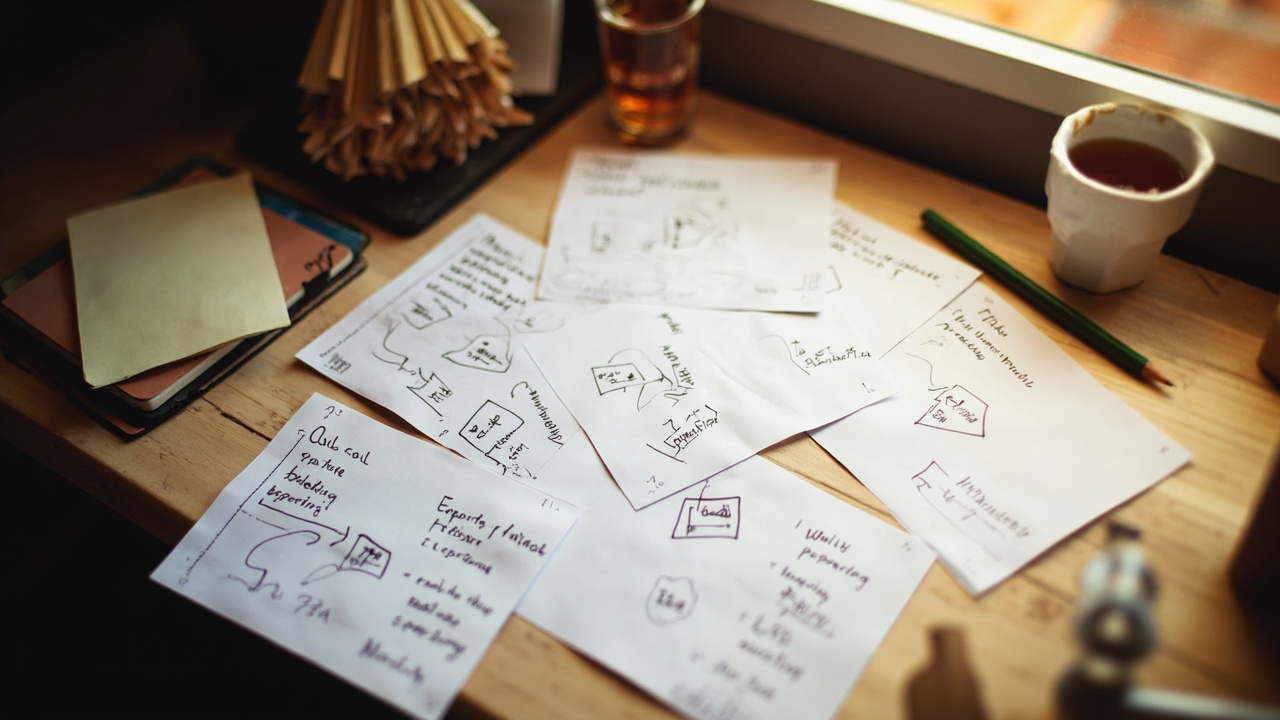 A workbench view of five simple workflow diagrams sketched on index cards, each labelled with the job it does for a small business: missed-call capture, quote follow-up, weekly reporting, enquiry routing, lead enrichment.
