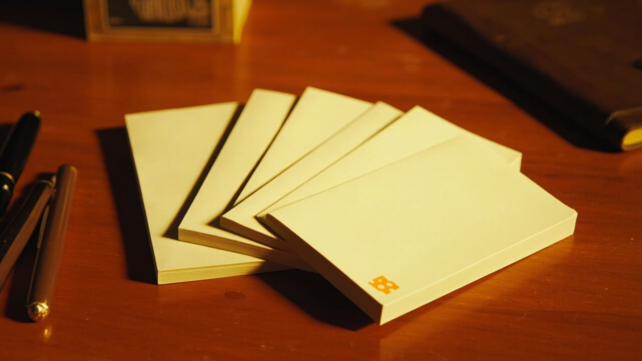 Five small printed field guides fanned out on a wooden desk next to a notebook and a pen, photographed from above in soft daylight. Same format as the first series, but a smaller stack and a more founder-style workspace.
