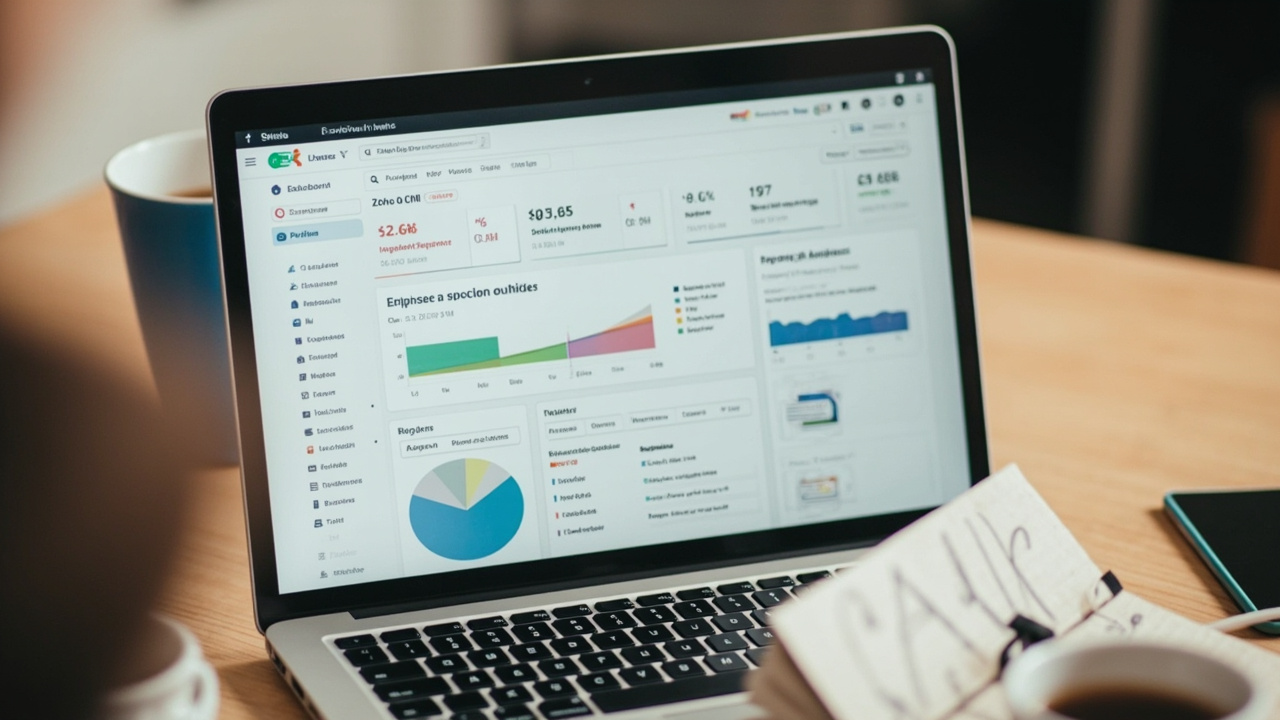 A laptop screen showing a Zoho CRM dashboard with a prospects list, each entry having a score badge and a draft LinkedIn message ready for review.