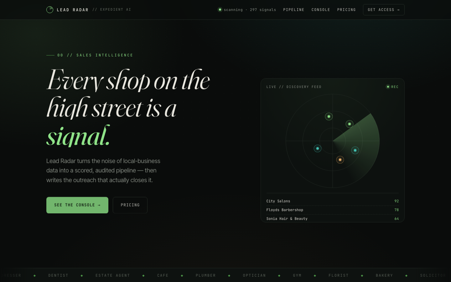 Lead Radar marketing page showing the five-stage pipeline and live scoring examples