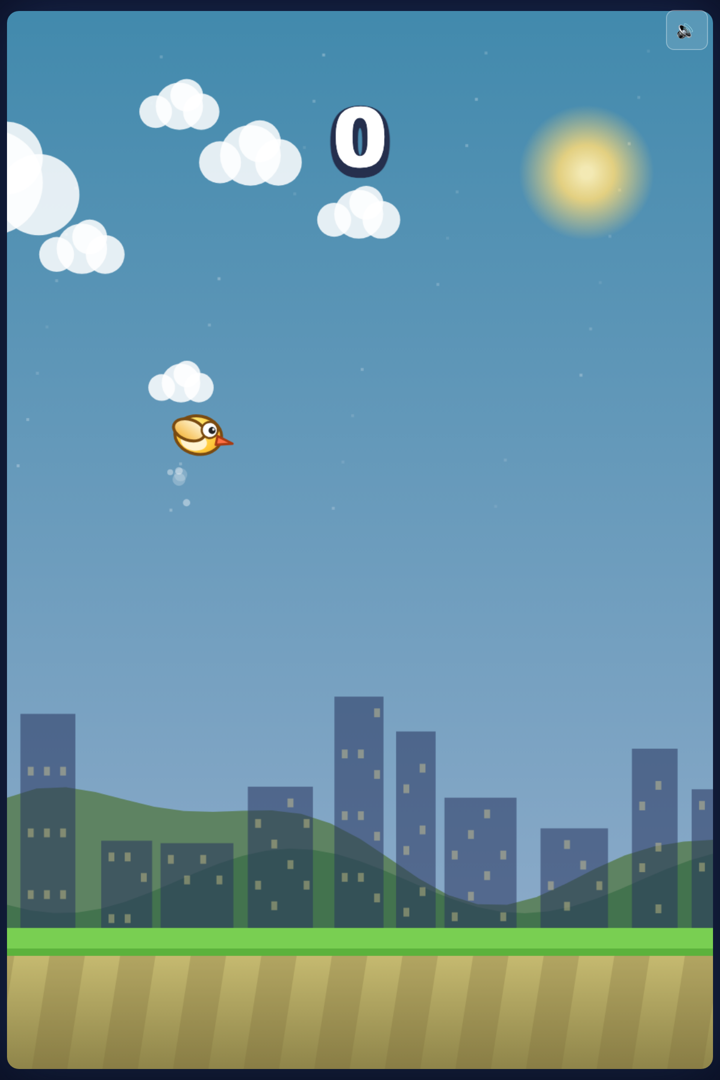 Flappy Deluxe mid-gameplay: the bird mid-flap over a parallax city skyline with a day sky