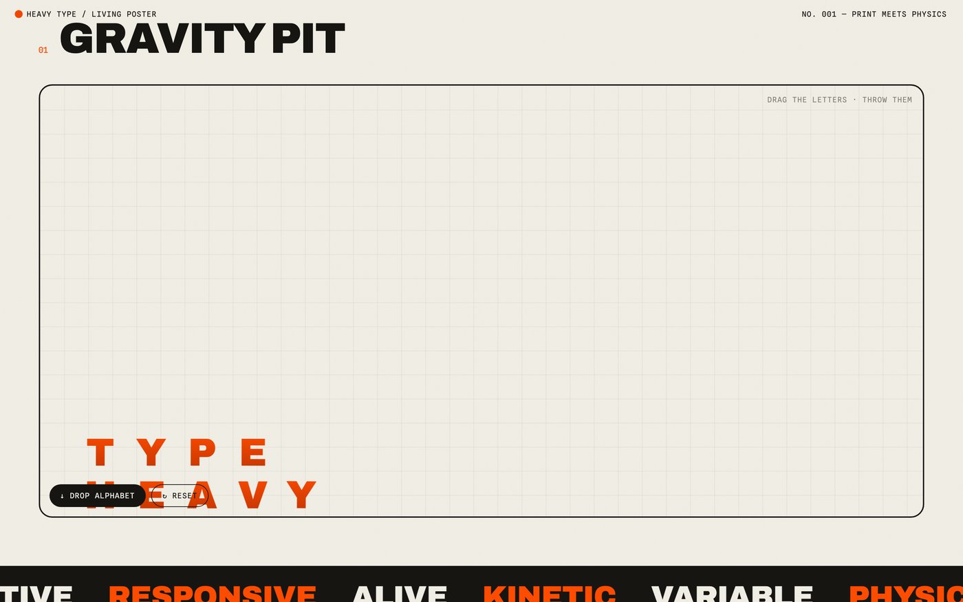 The gravity pit: orange letters TYPE and HEAVY dropped as physics bodies, piled at the bottom of the arena