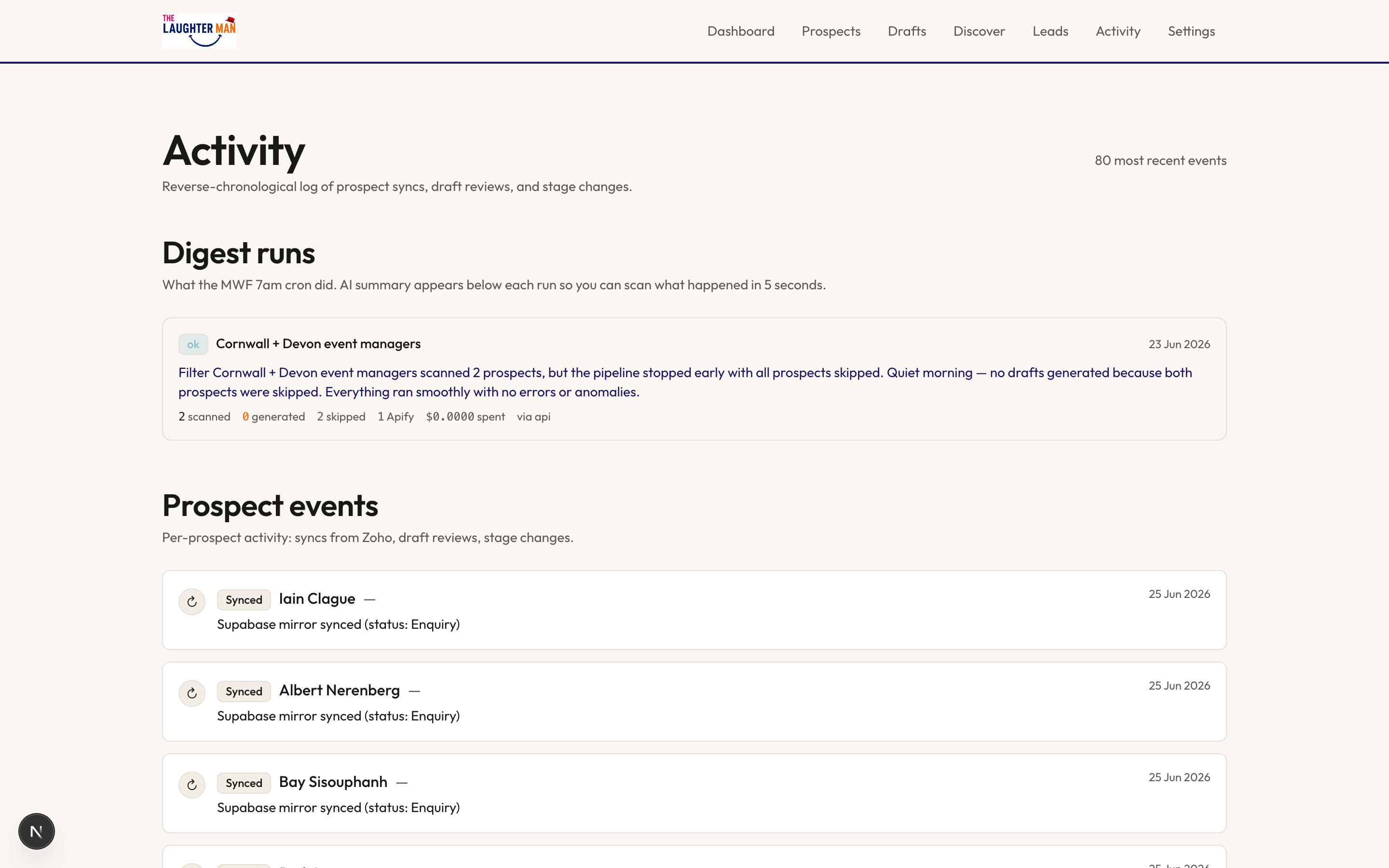 Zoho Lead Engine activity log - weekly digest run summary, candidate scoring, Zoho mirror sync events, full audit trail