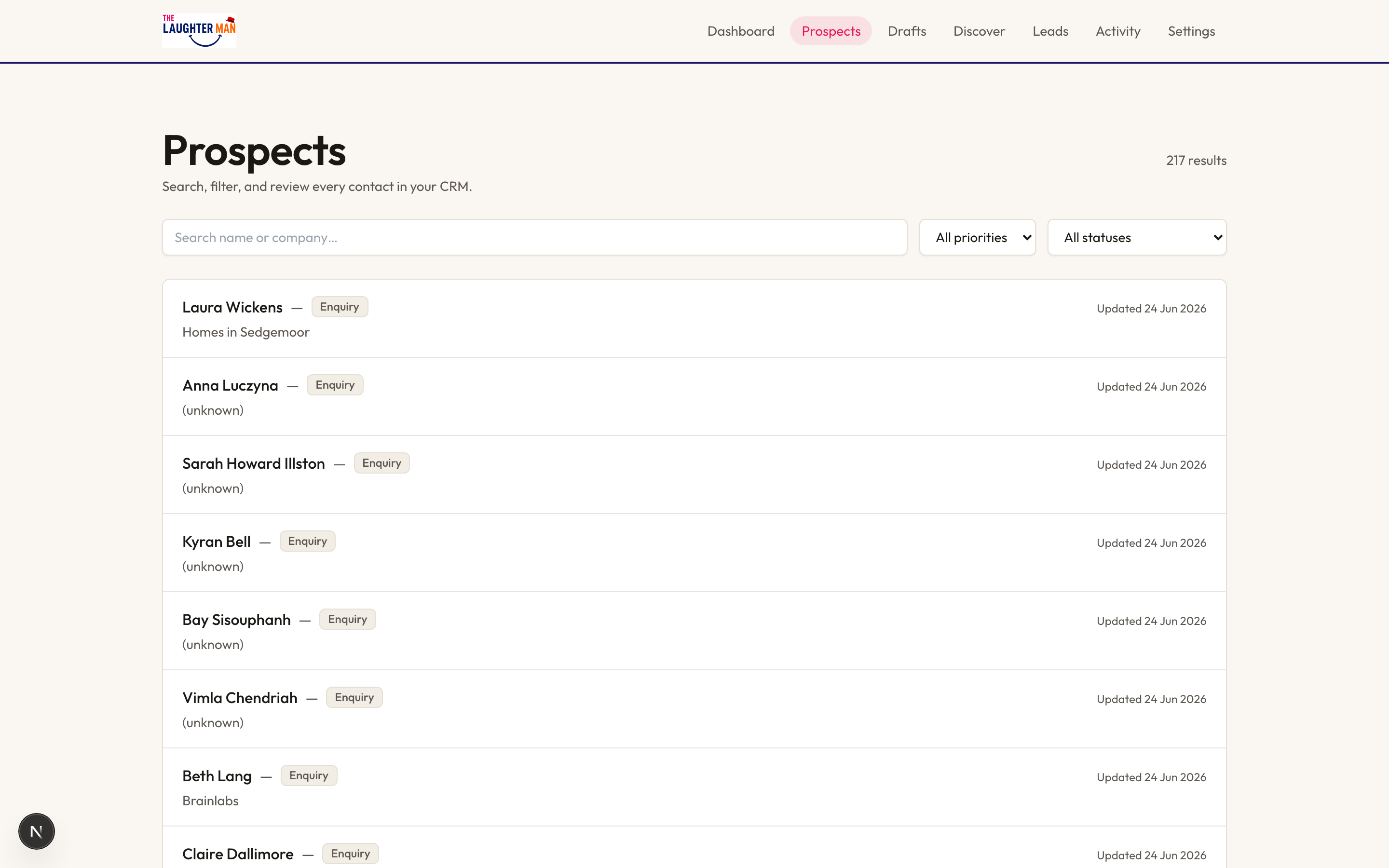 Zoho Lead Engine - prospects view with 217 results in Zoho, scored and ready to review