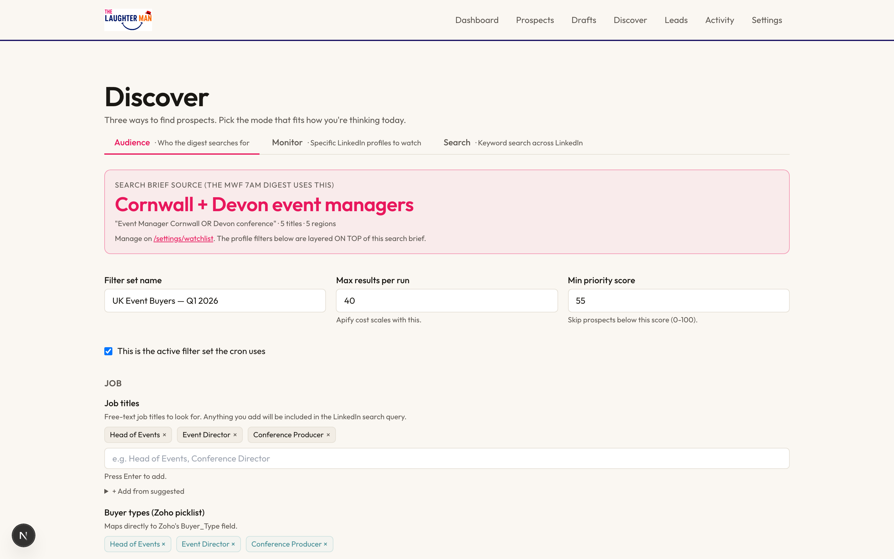 Zoho Lead Engine filter criteria setup - job titles, regions, exclusions, priority score threshold, configurable per tenant