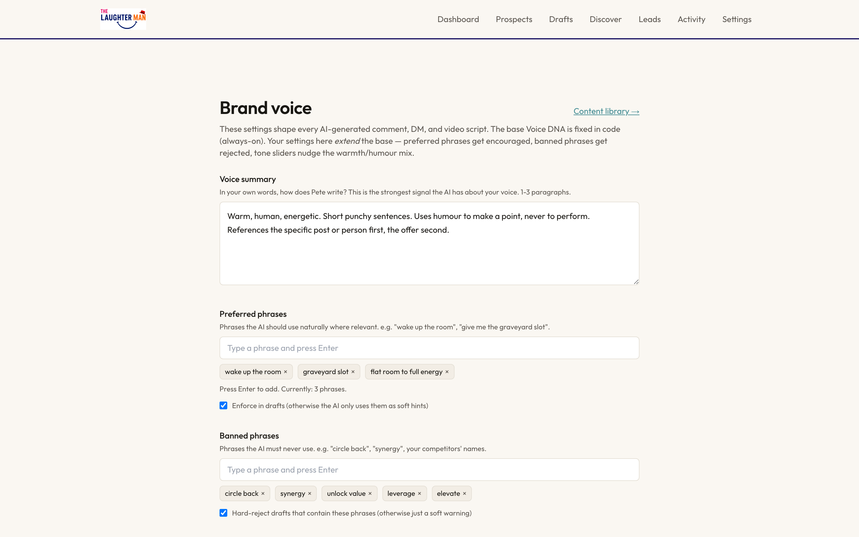Zoho Lead Engine brand voice configuration - preferred phrases and banned phrases scraped from your existing public content