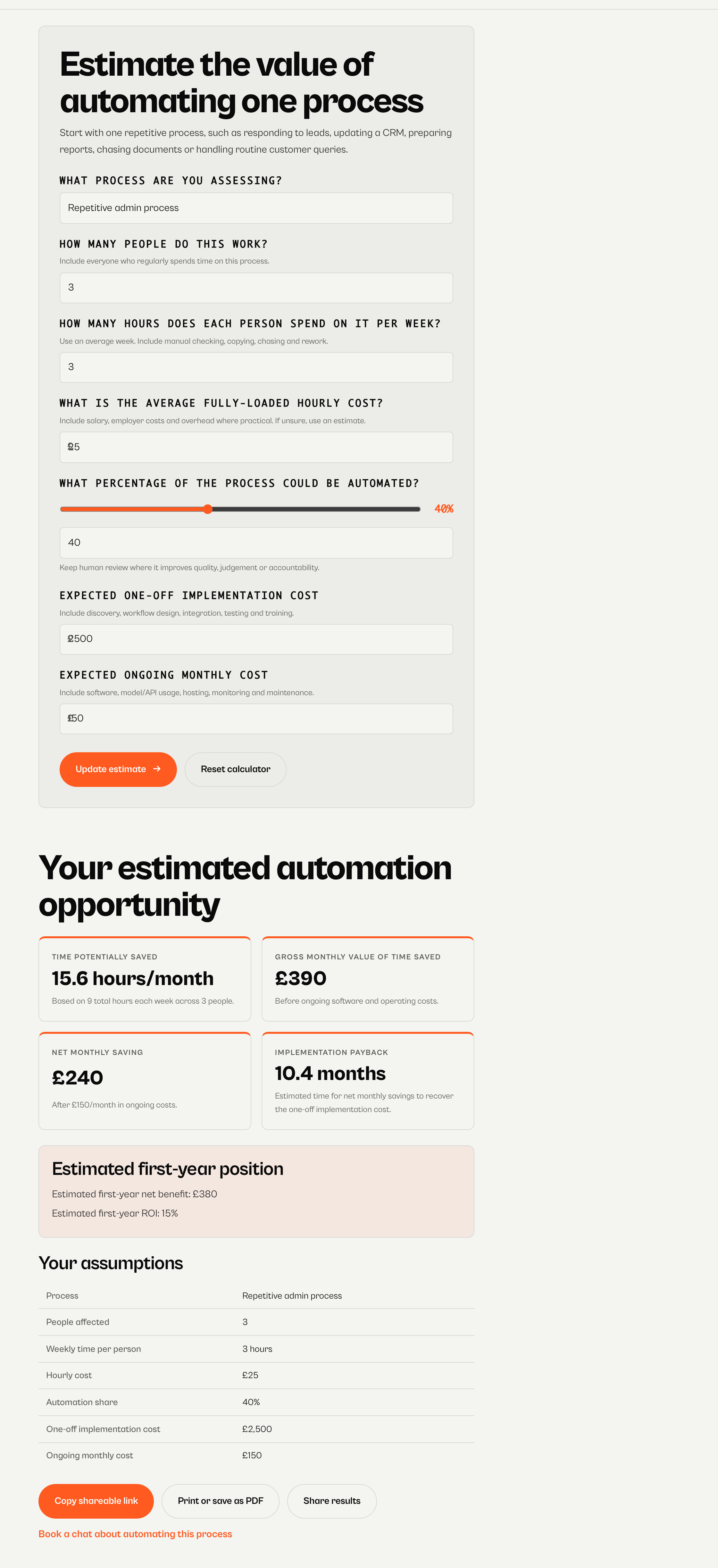 AI Automation ROI Calculator - the calculator card with seven input fields and the results grid showing time saved, monthly saving, net saving and payback