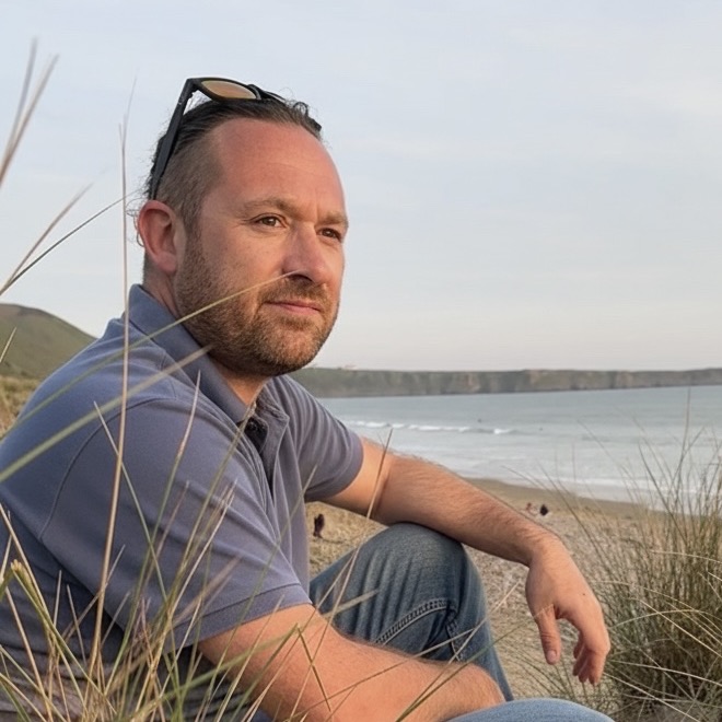 Neil (Ted) Ratcliffe, founder of Expedient AI, on the coast near Bristol