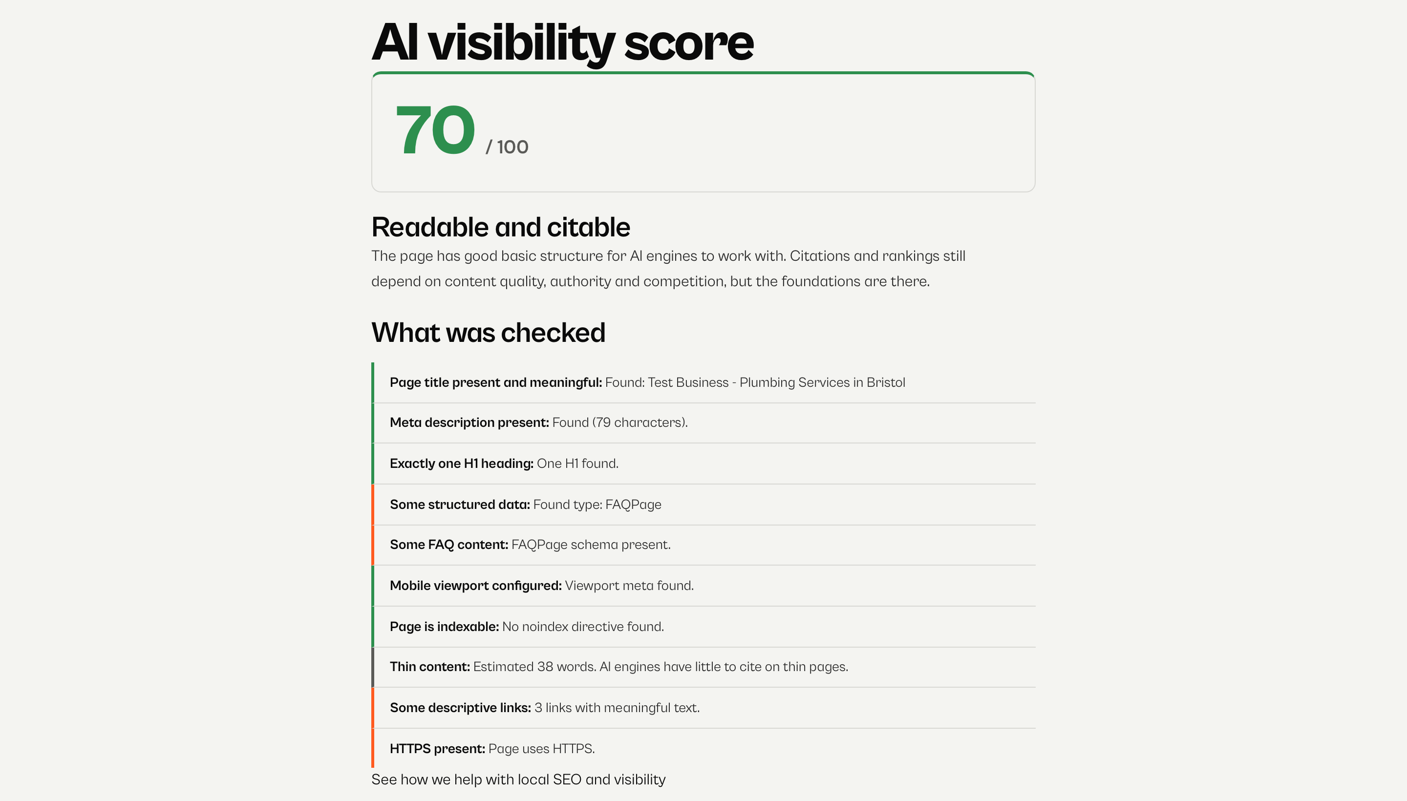 Website AI Visibility Checker - paste a page URL or HTML source to get a 0-100 score of how readable and citable the page is to AI engines